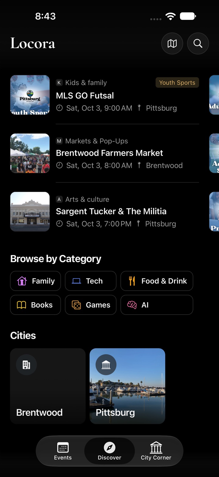 Locora iOS app Discover screen