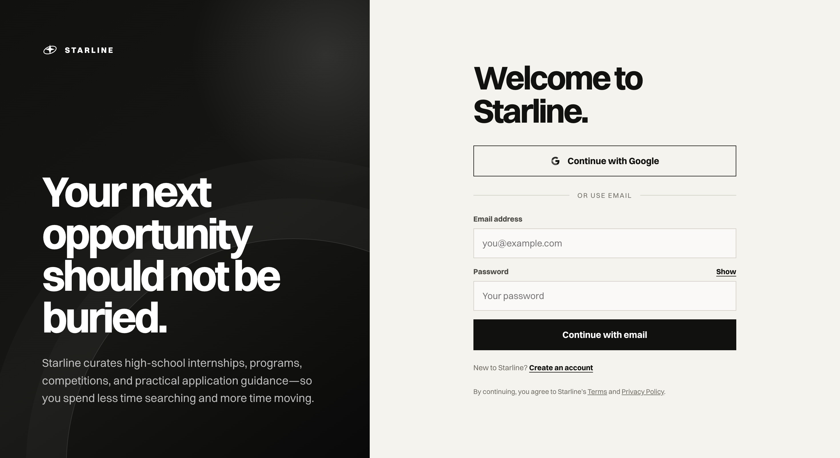 Starline website sign-in screen